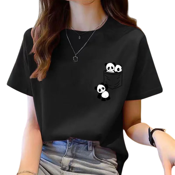 Damen Kurzarm T-Shirt Süßer Panda-Print in der Tasche Lässiges bequemes T-Shirt mit Rundhalsausschnitt Originelles Motiv für Tierliebhaber schwarz XS