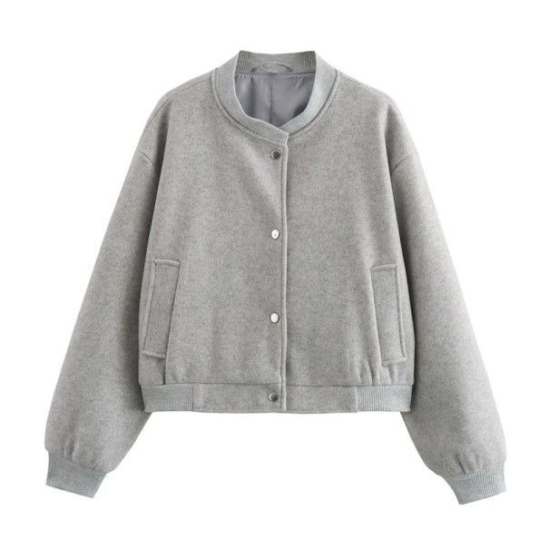 Damen kurze Bomberjacke mit Knöpfen, Taschen und Bündchen, langem Arm, Freizeitjacke für die Stadt und den Alltag hellgrau S