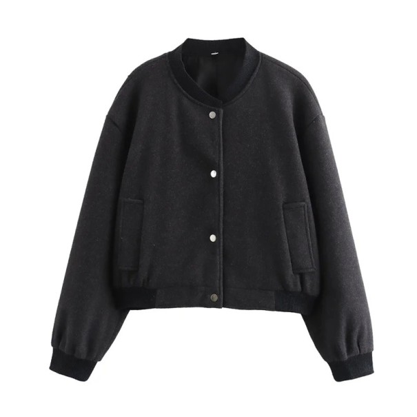 Damen kurze Bomberjacke mit Knöpfen, Taschen und Bündchen, langem Arm, Freizeitjacke für die Stadt und den Alltag schwarz S