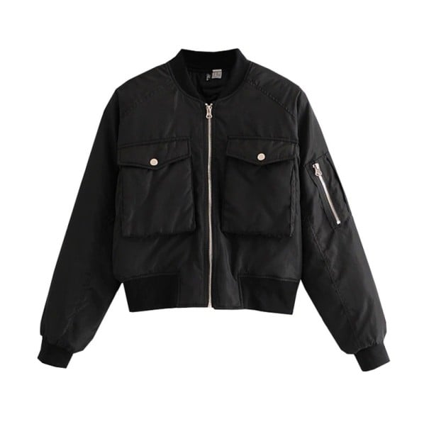 Damen kurze Bomberjacke mit Reißverschluss Ribbed Stehkragen, Bündchen und Saum Zwei Klappentaschen auf der Brust Tasche am Ärmel schwarz XS