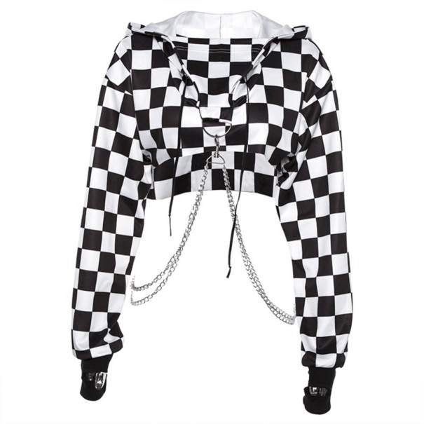 Damen kurzer Hoodie mit Kapuze und metallischen Ketten Schwarz-weißer Schachbrettmuster im Punk-Stil Langer Ärmel Schwarze Bündchen Baumwolle M