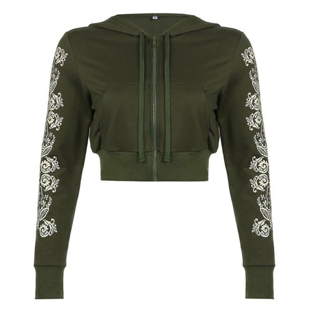 Damen Kurzjacke mit Reißverschluss und Kapuze in olivgrün Ornamentaler Druck an den Ärmeln Crop-Schnitt Aus Polyester mit Baumwolle und Spandex M