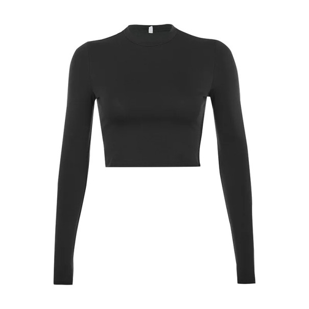 Damen Langarm Crop T-Shirt Elastisches tailliertes T-Shirt Rundhalsausschnitt Elegantes T-Shirt für den Alltag und den Abend schwarz S