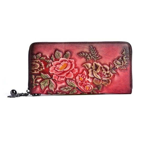Damen lange Geldbörse aus echtem Leder mit farbigen, reliefartigen Blumen Reißverschluss rundherum Dekorativer Anhänger 19 x 9,5 x 2,5 cm 3