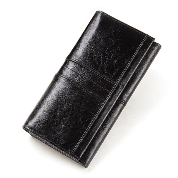 Damen lange Geldbörse aus echtem Leder mit Klappe 18 x 9,2 x 3,5 cm Glänzende Oberfläche mit gewellter Textur Geprägte Streifen Eleganter schwarz