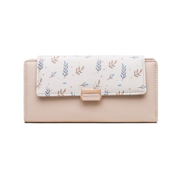 Damen lange Geldbörse aus PU-Leder Klappe mit Druck von Zweigen und Blättern Goldene Metall-Schnalle Maße 18,5 x 9,5 x 3,5 cm Zweifarbiger beige