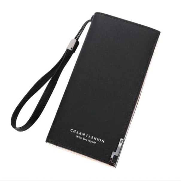 Damen lange Geldbörse mit Handgelenkband Schlanke Form Mattes Finish mit metallischer Ecke Material PU-Leder und Polyester 19 x 9,5 x 3 cm schwarz