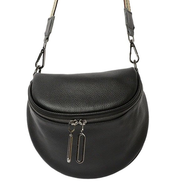 Damen Leder Crossbody Tasche in Halbmondform Breiter gestreifter Trageriemen mit Karabinern Reißverschluss mit zwei Schiebern 19 x 19 x 13 cm 1