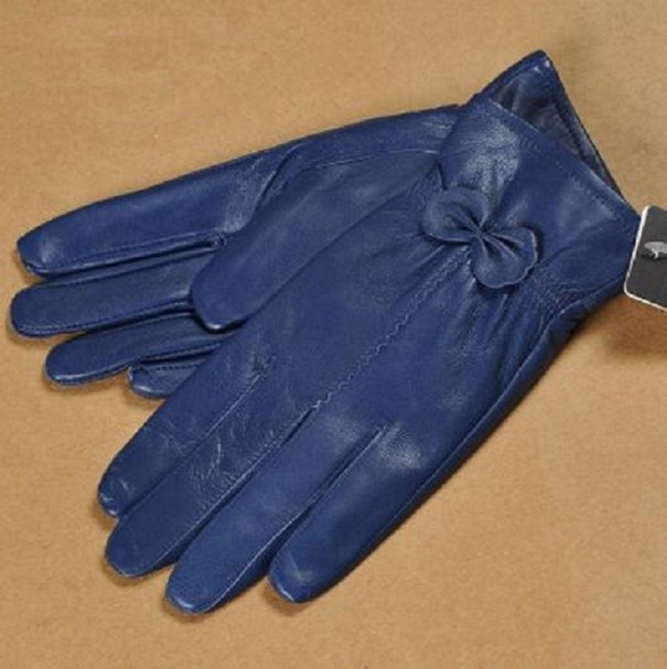 Damen-Lederhandschuhe mit Schleife dunkelblau