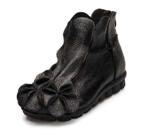 Damen-Lederstiefeletten mit Blume schwarz 37