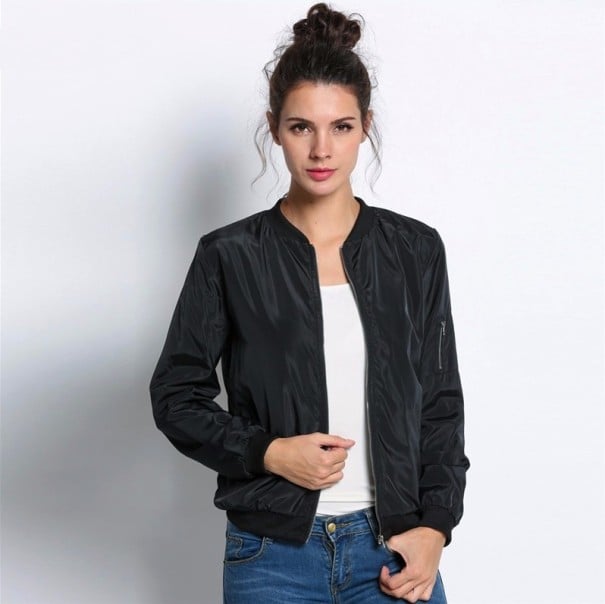 Damen leichte Bomberjacke für Frühling und Herbst Reißverschluss und gerippter Stehkragen Tasche am Ärmel Gerippte Bündchen und Saum schwarz XS