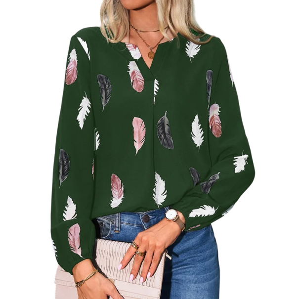 Damen lockere Bluse mit langen Ärmeln Leichte Bluse mit Feder-Motiv Eleganter luftiger Schnitt Bequemer Polyester Modischer Top für den Alltag grün L