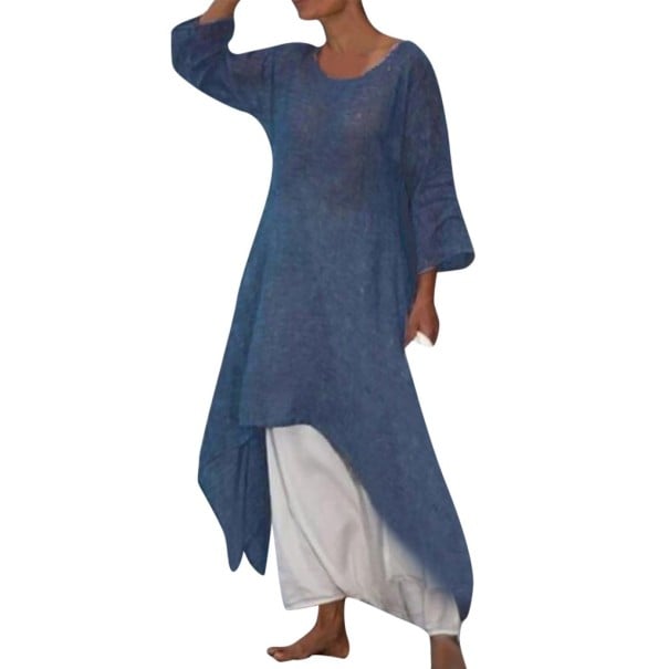 Damen lockeres Maxikleid auch für vollere Figuren Asymmetrischer Saum mit Spitzen Dreiviertelärmel Rundhalsausschnitt Leichtes Material dunkelblau 4XL