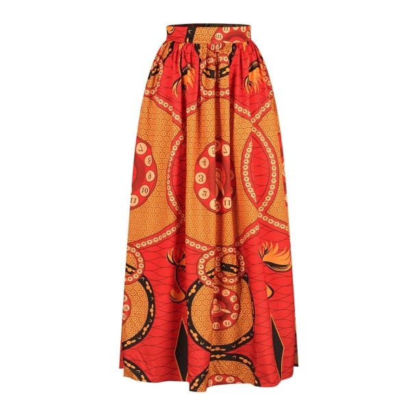 Damen Maxi-Rock mit buntem ethnischen Muster Langer, gefalteter Rock mit breitem Bund Polyester mit Spandex Fließender Sommerrock L 1