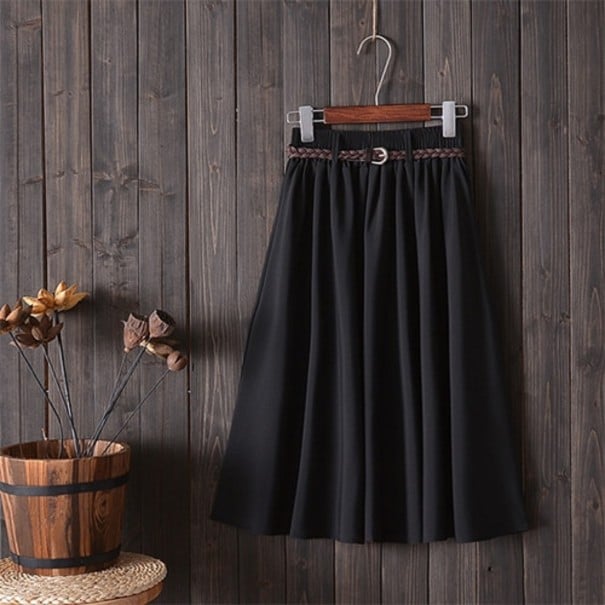 Damen Midi-Rock mit gerafftem Bund und Gürtel Breiter, fließender Schnitt Gestrickter Gürtel mit Schnalle Einfarbiger Rock unter dem Knie schwarz