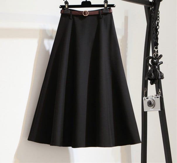 Damen Midi-Rock mit Gürtel Erweiterter A-Linien-Schnitt Gürtel mit runder Metallschnalle Unifarbener Rock unter dem Knie Baumwolle schwarz S
