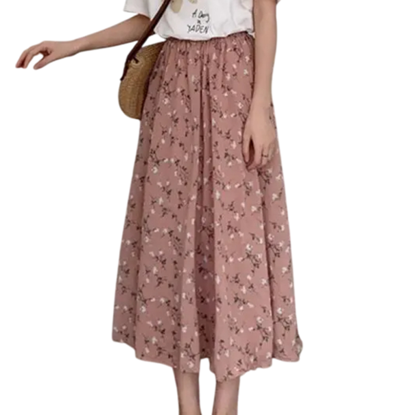 Damen Midirock mit Blumenmuster Leichter A-Linien-Rock mit elastischer Taille Sommerrock für die Stadt für Spaziergänge und die Arbeit rosa