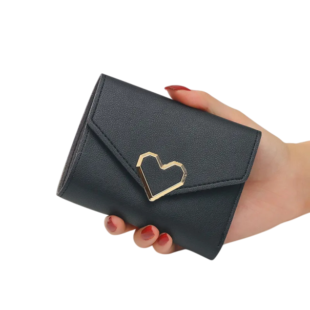 Damen Mini Geldbörse mit Herz 11x9x1,5 cm elegant und praktisch mit 7 Kartenfächern, transparentem Fotofach und Platz für Geldscheine schwarz