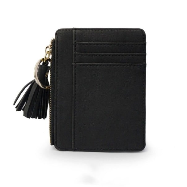 Damen Mini-Geldbörse mit Schlüsselring Fächer für Karten Reißverschlussfach Dekorativer Quasten PU-Leder und Polyester 11,5 x 9 x 1 cm schwarz