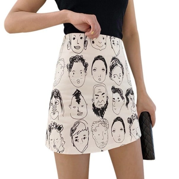 Damen Minirock mit gezeichnetem Druck menschlicher Gesichter A-Linien-Rock über dem Knie mit auffälligem kontrastierenden Muster weiß S