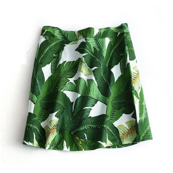 Damen Minirock mit hohem Bund A-Linien Schnitt Buntes tropisches Blatt- und Pflanzenmuster Helle Fütterung Baumwoll-Polyester-Mischung L 1