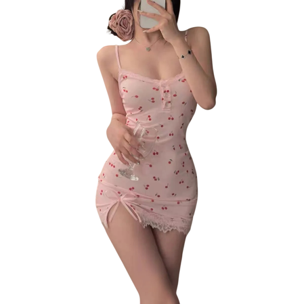 Damen Nachthemd mit Kirschmuster Elegantes einfarbiges Nachthemd mit Spitze und Schlitz V-Ausschnitt Polyester Spandex Universelle Größe rosa