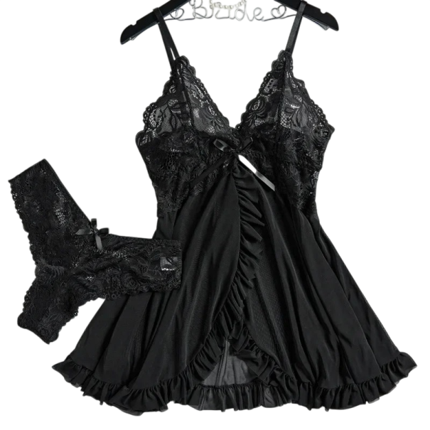 Damen Nachthemd Set mit Spitzenoberteil und Unterhose aus Polyester für den täglichen Gebrauch schwarz XS