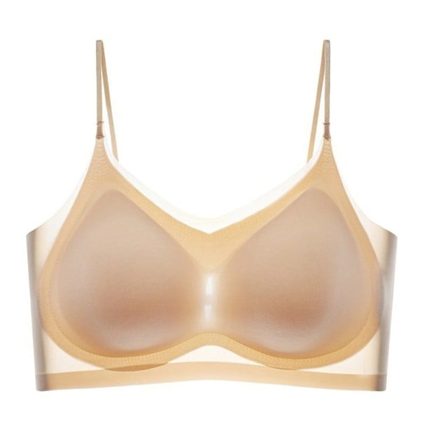 Damen nahtlose BH mit dünnen Trägern und perforierten Körbchen aus Nylon und Elasthan ohne Bügel für den täglichen Gebrauch beige S