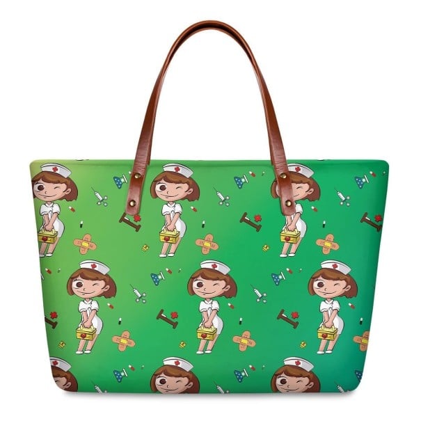 Damen Neopren Handtasche mit Druck von Gesundheits-Schwestern und medizinischen Hilfsmitteln Größe 39 x 29 x 11,5 cm Braune Griffe mit Nieten 1