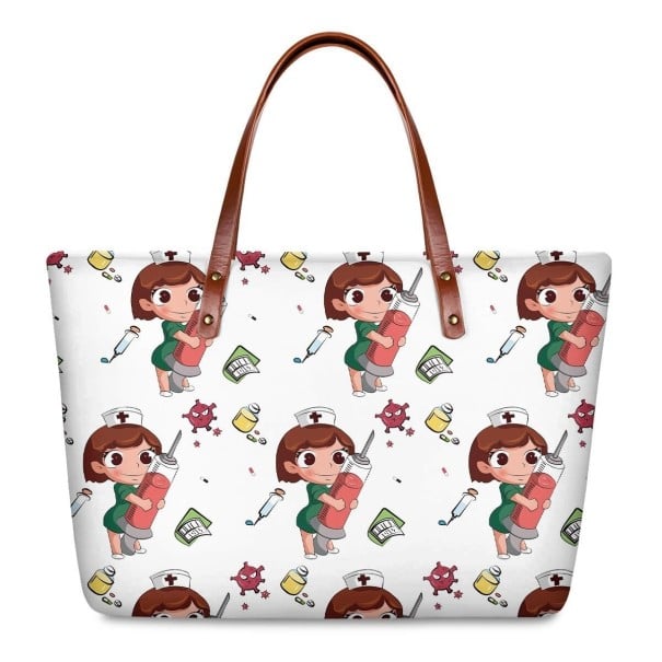 Damen Neopren Tasche mit Druck einer Krankenschwester 39 x 29 x 11,5 cm Geräumige Tasche mit braunen Griffen Geschenk für Krankenschwestern weiß