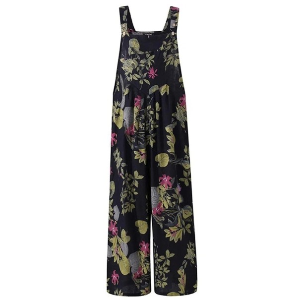 Damen Overall Blumenmuster Rundhalsausschnitt Lange Hosen Top mit breiten Trägern Leichter Sommerstil Material Polyester Leinen schwarz XS