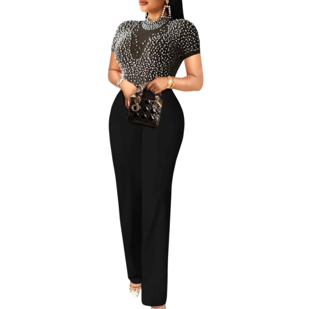 Damen Overall einfarbig Halbdurchsichtiger Top mit Perlen Rundhalsausschnitt Lange Hosen Eleganter Schnitt Nylon schwarz S