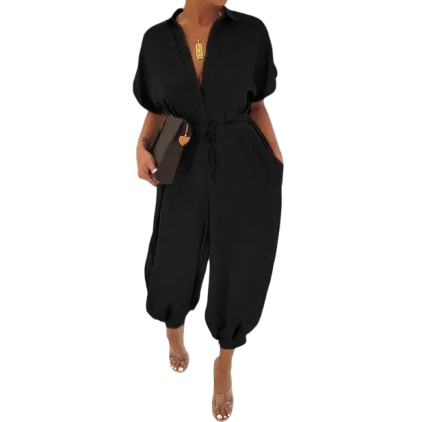 Damen Overall einfarbig mit Kragen V-Ausschnitt Kurzarm Lange Hosen Knopfverschluss Taillierung Polyester schwarz M