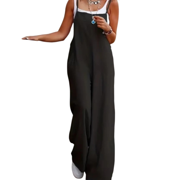 Damen Overall Einfarbiges Design Weite Hosen Dünne Träger Leichter Polyester Sommer Outfit Lockere Passform Elegante Damenbekleidung schwarz XXL