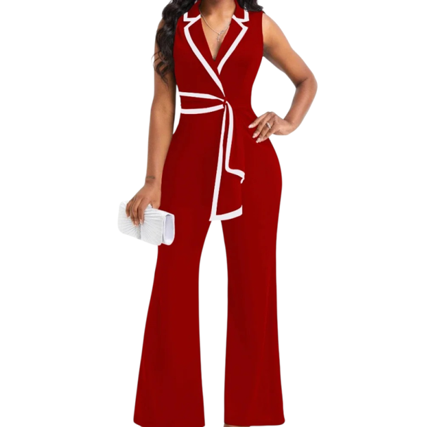 Damen Overall Einfarbiges Modell Weite Hosen Breite Träger Kragen Taillierung mit Bindeband V-Ausschnitt Polyester Spandex rot L