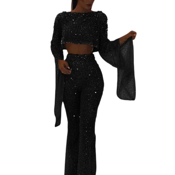 Damen Overall Glitzernd mit Rüschen an den Ärmeln Rundhalsausschnitt Lange Ärmel Lange Hosen Eleganter Schnitt Polyester schwarz XS