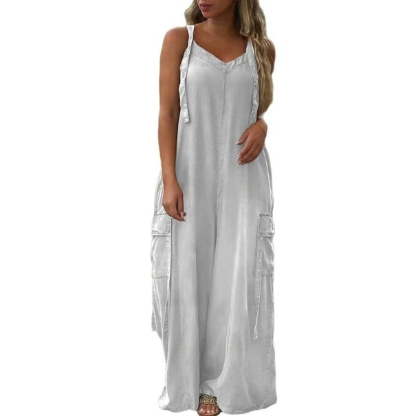 Damen Overall lockere Passform Einfarbiges Top mit O-Ausschnitt Lange Hosen mit Taschen Leichter Polyester Overall für den Sommer weiß M