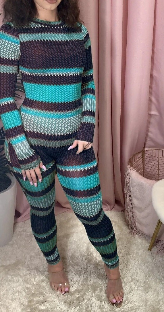 Damen Overall mit langen Ärmeln gestreift türkis L