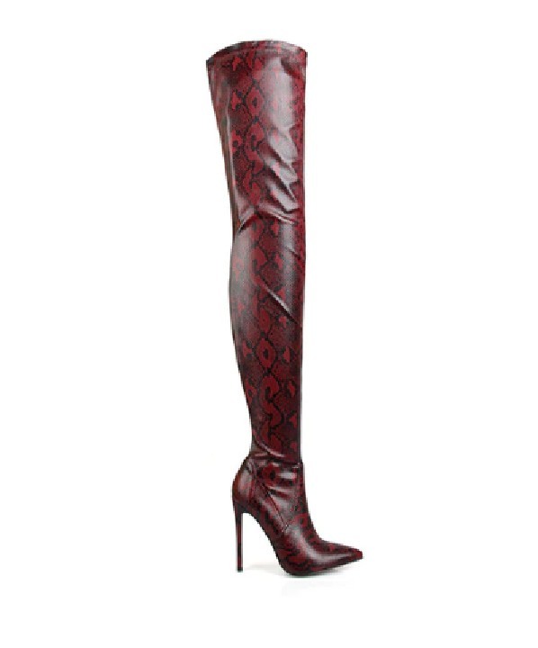 Damen-Overknee-Stiefel mit Schlangenmuster J2373 weinrot 38