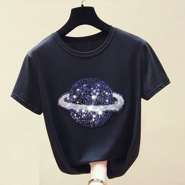 Damen-Pailletten-T-Shirt mit einem Planeten schwarz S