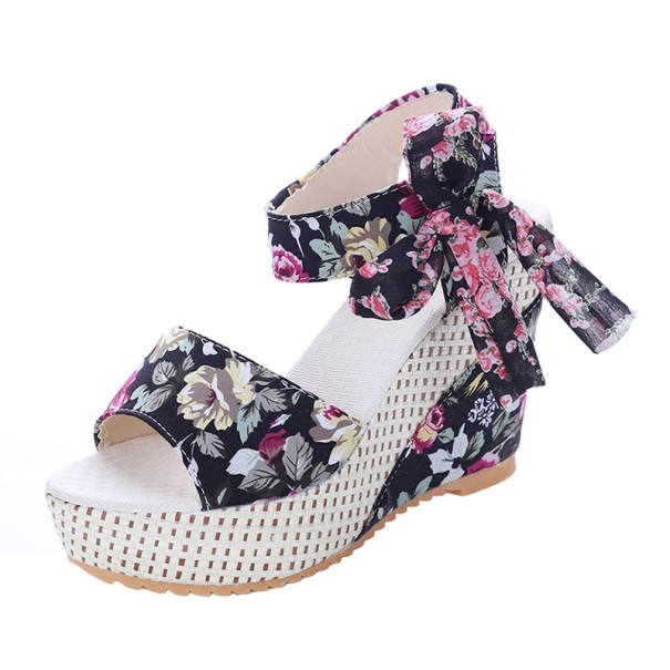 Damen-Plateausandalen mit Blumen schwarz 38