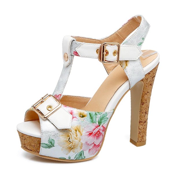 Damen-Plateausandalen mit Blumenprint weiß 37