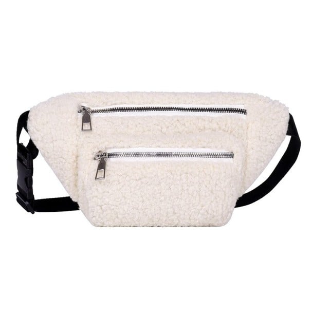 Damen Plüsch Bauchtasche 28 x 15 x 4 cm Weiche lockige Oberfläche Zwei Reißverschlusstaschen Silberne Schieber Gurt mit Schnalle Tragen creme
