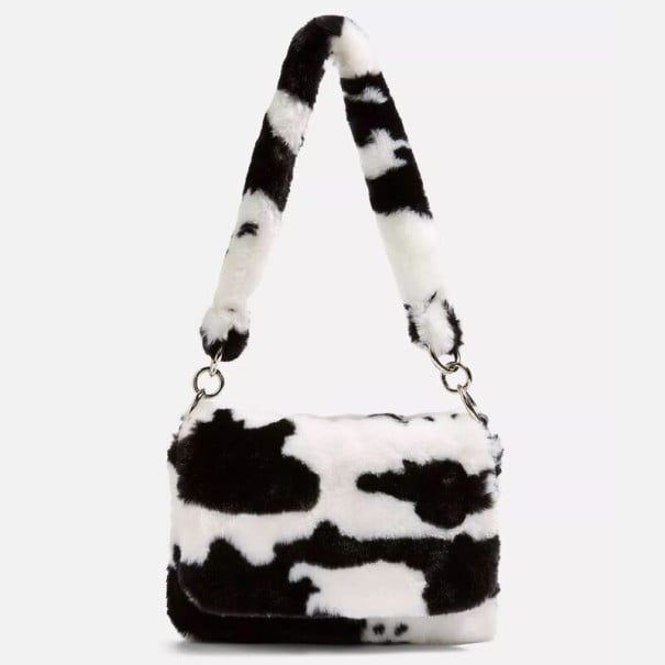 Damen Plüsch-Handtasche aus Kunstfell Kurzes, flauschiges Griff 25 cm Klappe mit magnetischem Verschluss Reißverschluss und Metallringe 1