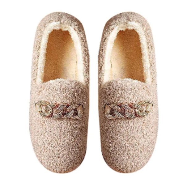 Damen Plüsch Mokassins Warme Winterpantoffeln mit Rutschfester Sohle Stilvolle Hausschuhe in Mokassin-Form Weiche Bequeme Hausschuhe beige 39