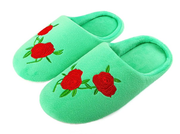Damen-Plüschhausschuhe mit Rosendruck grün 38