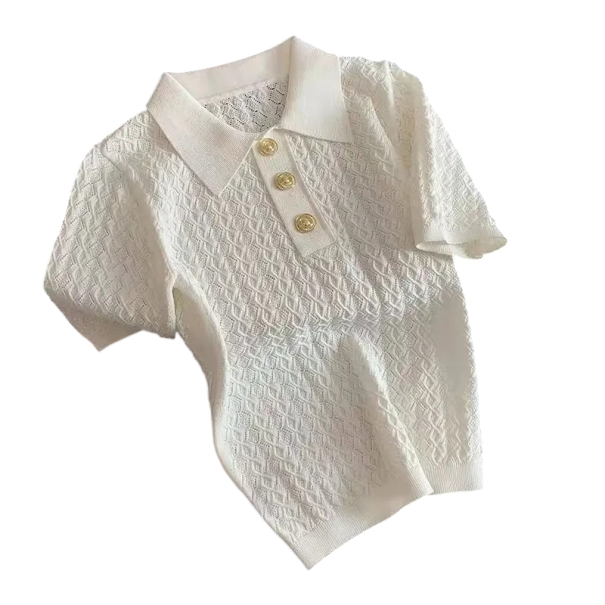 Damen Poloshirt beige Strickausführung V-Ausschnitt mit Kragen und Knöpfen Einfarbiger Viskose-Top S