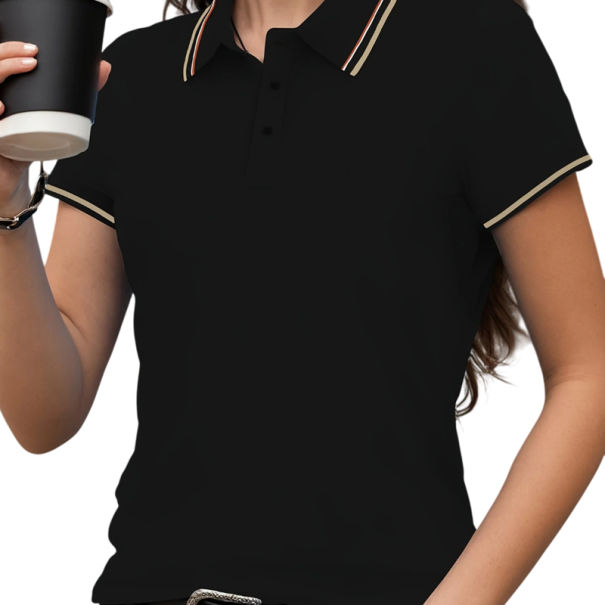 Damen Poloshirt Kurzarm V-Ausschnitt Kragen Knöpfe Einfarbig Polyester Bequem Elegant Casual Top Sommer Frühling schwarz M