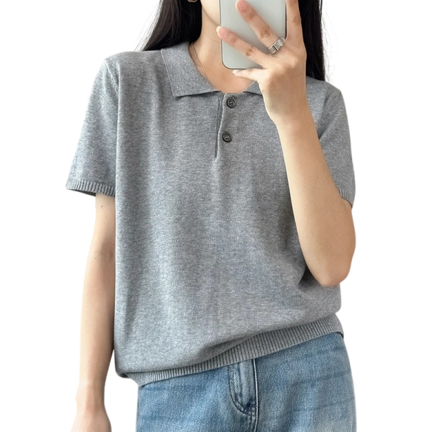 Damen Poloshirt mit kurzen Ärmeln Einfarbig Ausführung V-Ausschnitt mit Kragen und Knöpfen Baumwolltop grau M