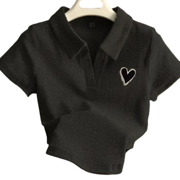 Damen Poloshirt mit kurzen Ärmeln Einfarbiges Design mit Herzchen V-Ausschnitt mit Kragen Polyesteroberteil schwarz XXS